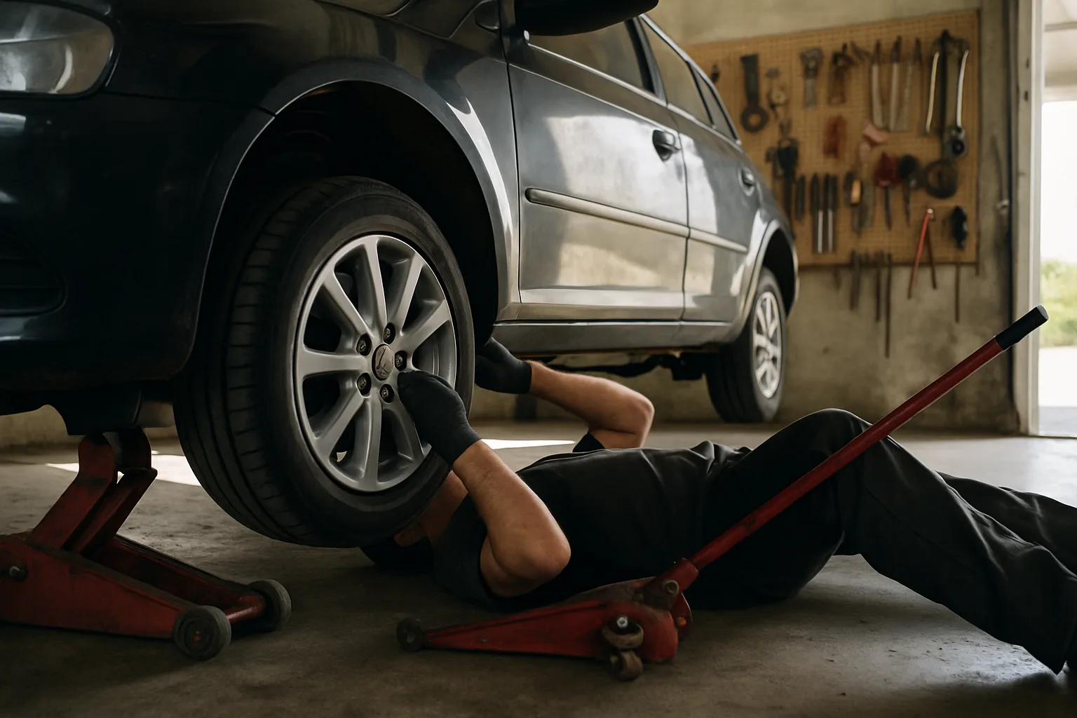 Vehicle on lift for alignment and suspension work